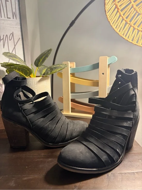 Free People Black Strappy Cutout Block Heel Booties