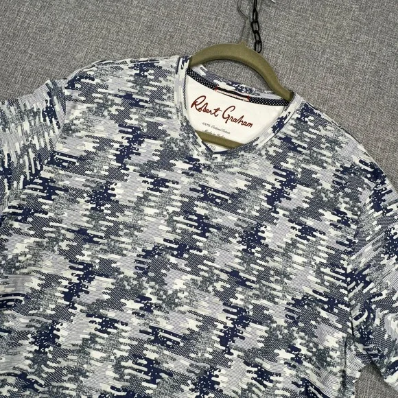 Robert Graham Deke Cotton Tee Mens XL Blue White Geometric Glitch V-Neck T-Shirt