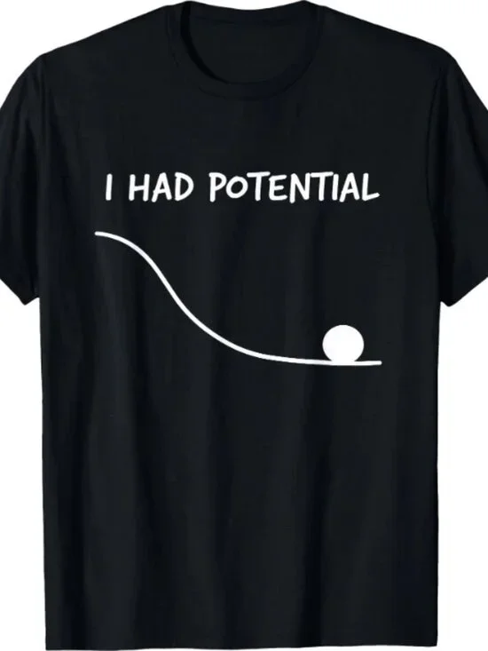 Black graphic T-shirt featuring the funny phrase “I Had Potential” T Shirt