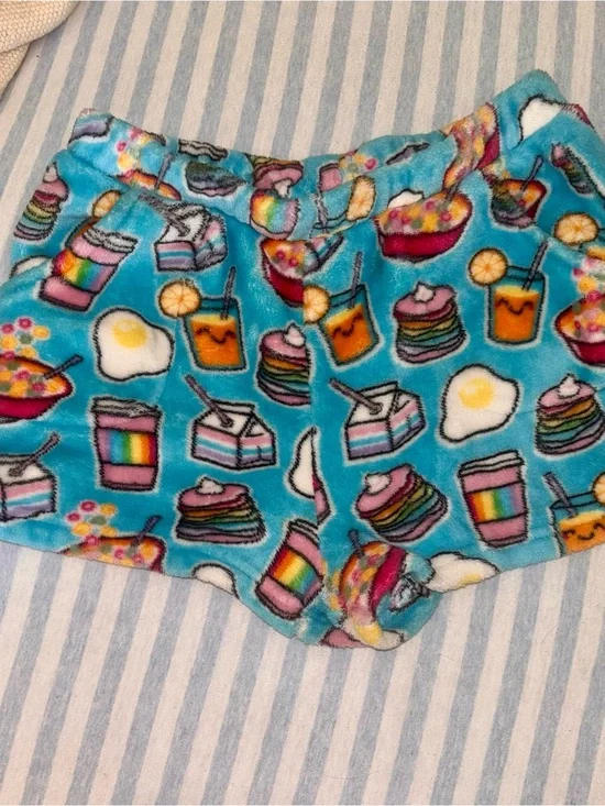 Girls' Teal Fuzzy Sleep Shorts with Rainbow Breakfast Print