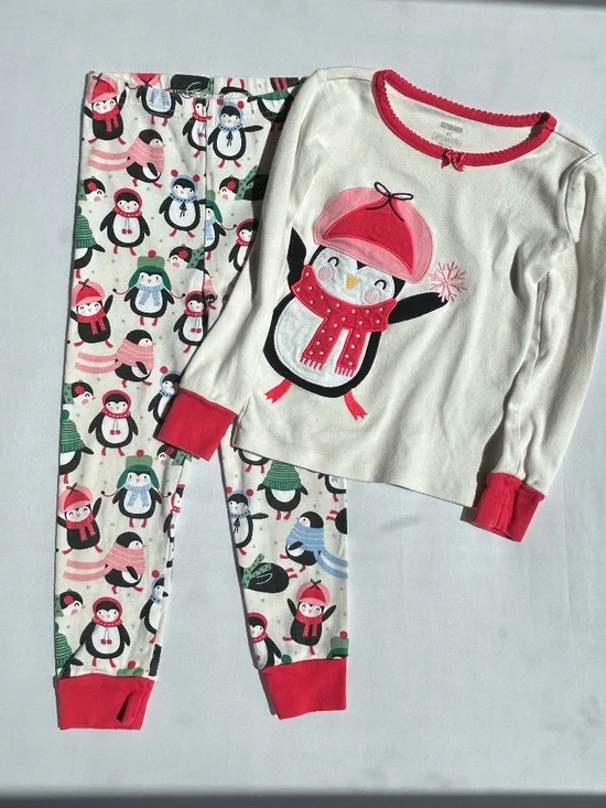 Gymboree Girls Penguin Pajama Set Size 4T White Red Winter PJs