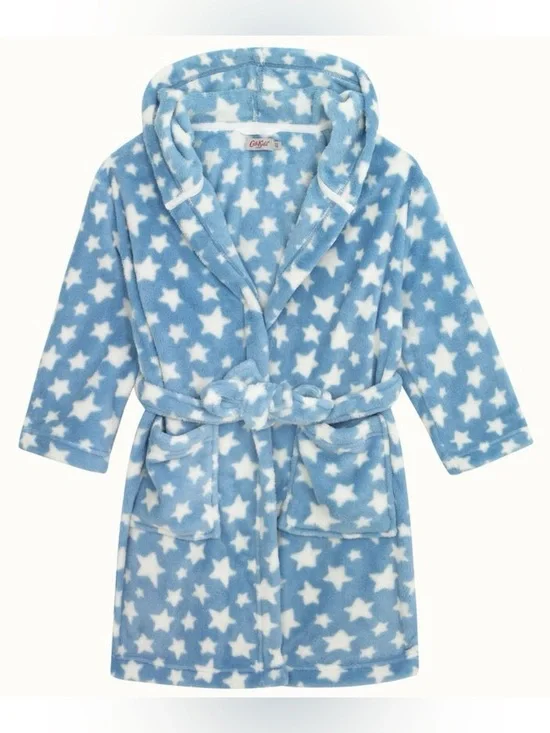 Cath Kids London Blue White Star Print Fleece Hooded Tue Waist Robe. 5-6. 5. 6.