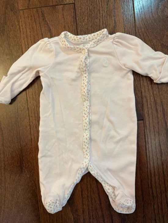 Ralph Lauren Baby Pink Snap-Front Onesie with Floral Trim