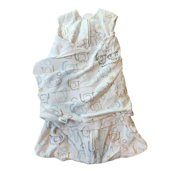 Halo Kids Sleep Sack in White with Blue and Tan Elephant Print