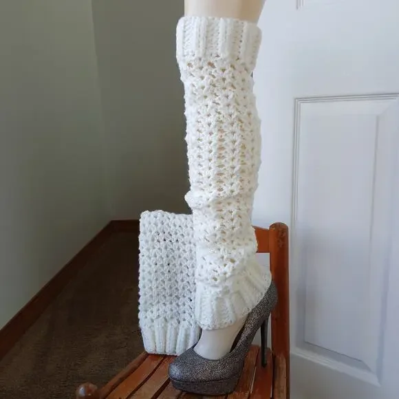 White Leg Warmers OSFM crochet warm thick chunky over the knee dance premade