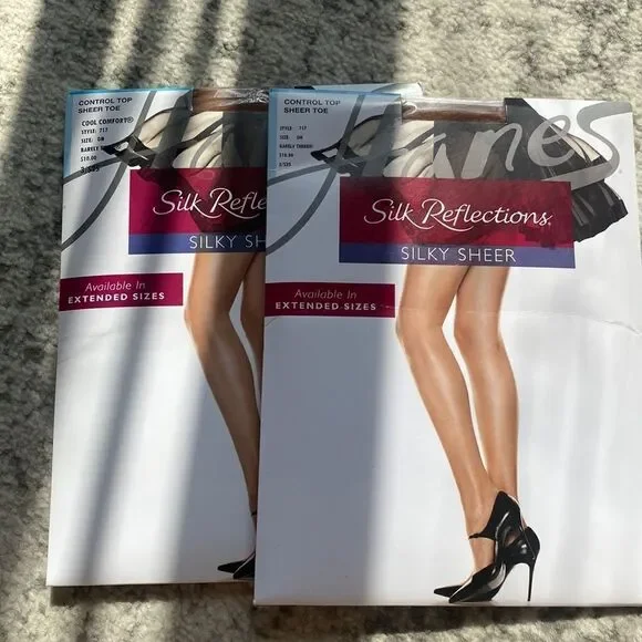 2 VTG Hanes Hosiery Silk Reflections‎ Control Top Pantyhose Sandalfoot size GH