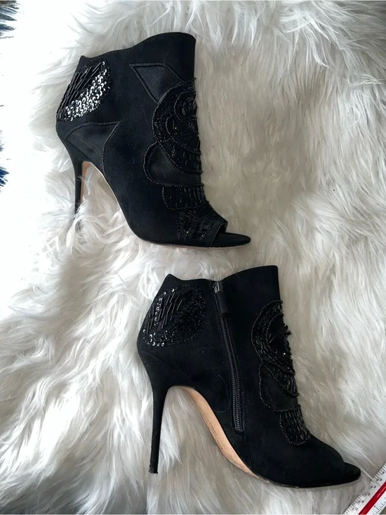 Vince Camuto Black Beaded Peep-Toe Ankle Boots Heels