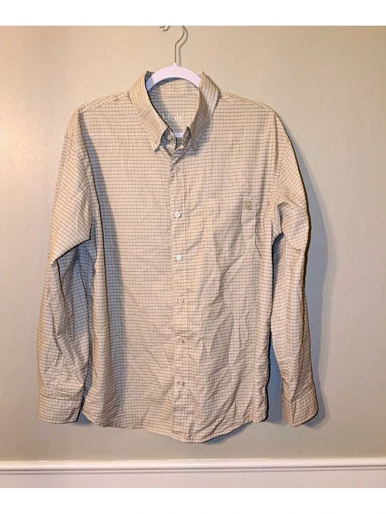 Huk Mens Long Sleeve Button Down Shirt Beige Check Button Front Pocket Size L