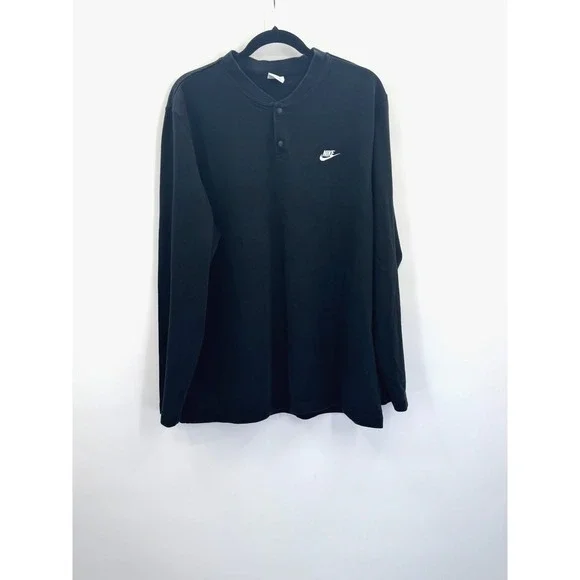 Nike Fleece Club Knit Mens Long Sleeve Henley Large Black Crew Neck Athleisure
