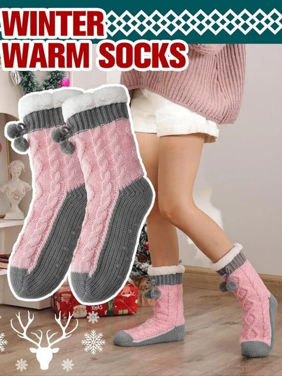 Cozy Cable Knit Fleece-Lined Women’s Slipper Socks - Pink & Gray