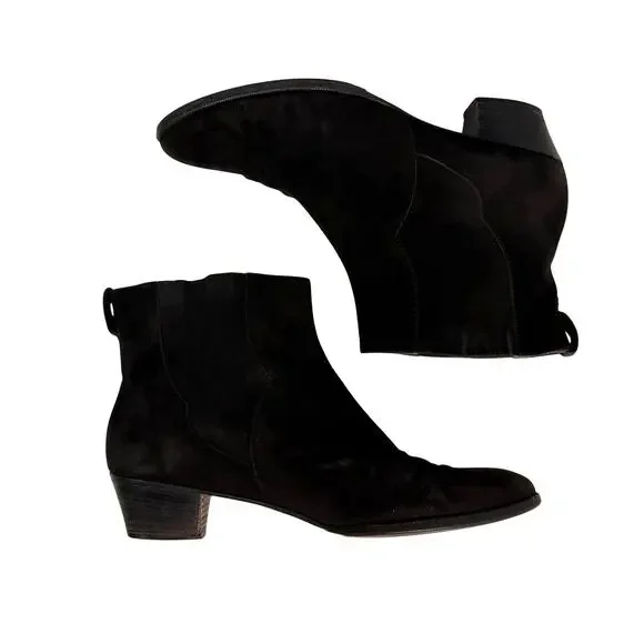 Ferragamo Bootie Black Suede Pull On Stack Heel
