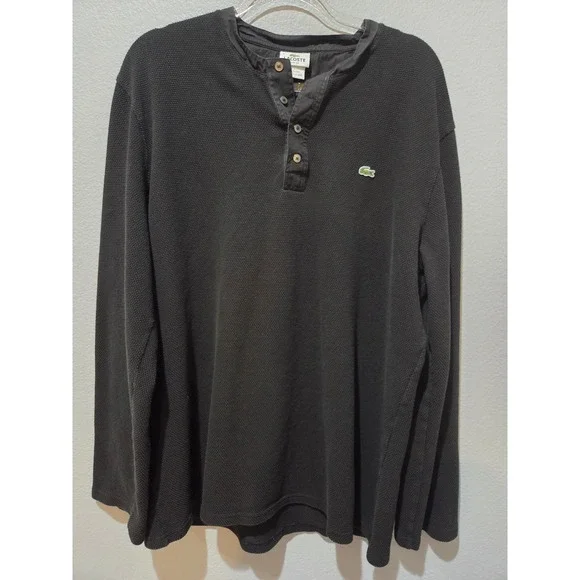Lacoste Henley Shirt Mens 9 3XL Black Excellent Waffle Knit Slim Fit F8455