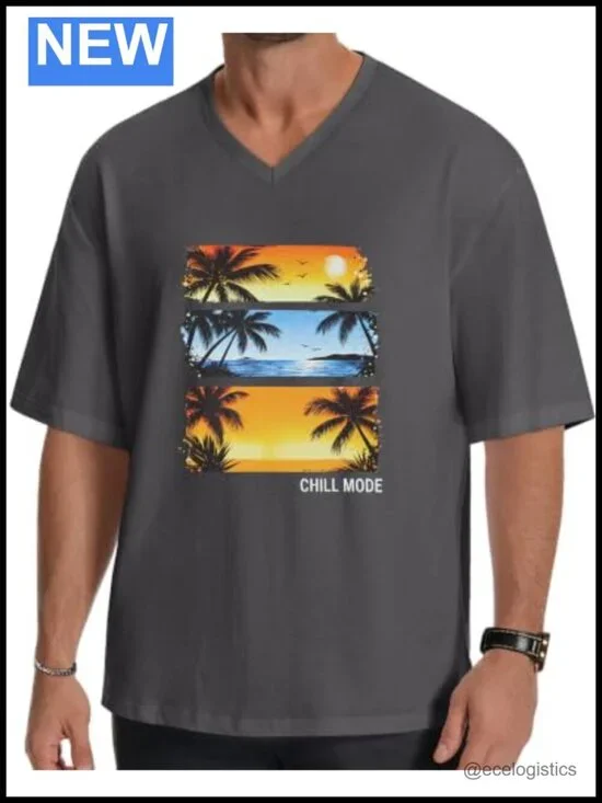 Oversized Graphic V-Neck Tee Short Sleeve Casual Streetwear