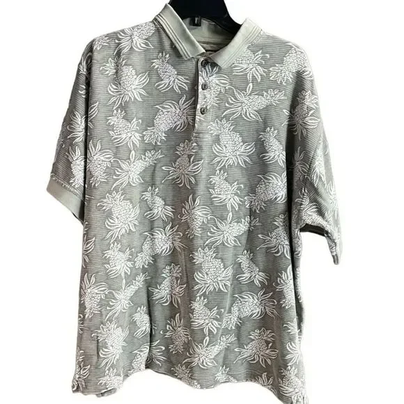 RINGO TROPICAL Mens Polo Pineapple Print Polo Shirt Gray White Vintage Size XL
