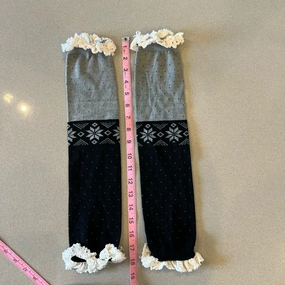 Black and Gray Knit Leg Warmers with Ruffle Trim