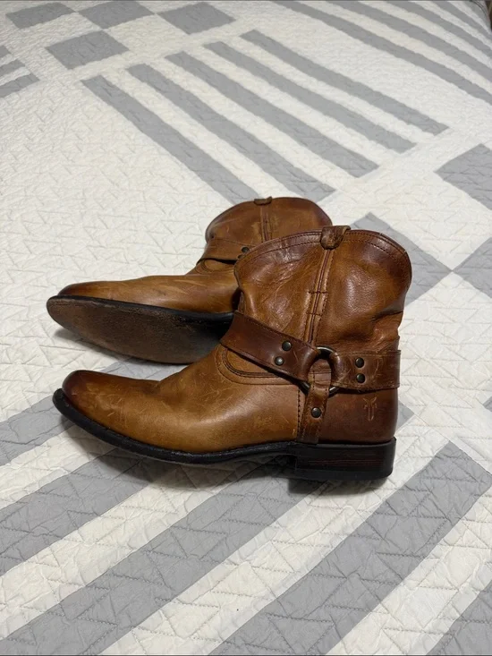 Frye Cognac Brown Harness Ankle Boots