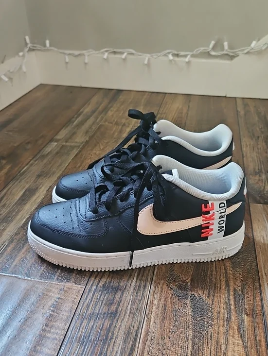 Nike Air Black‎ Leather Sneakers with Peachy Pink Swoosh & World Worlwide Emblem
