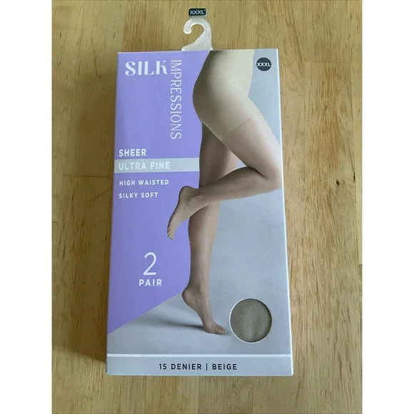 Silk Impressions 2pcs Pantyhose 15 Denier Ultra Fine Sheer High Waist XXXL Beige