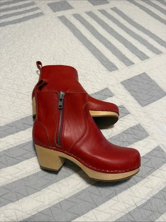 Swedish Hasbeens Red Leather Zip Clog Ankle Boots