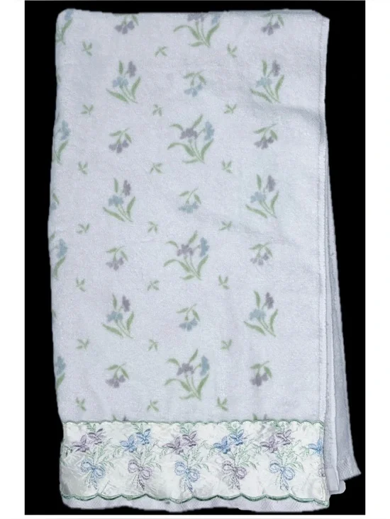 Vintage Floral Bath Towel Satin Trim Cottage Grandma Core USA Made STAINED READ