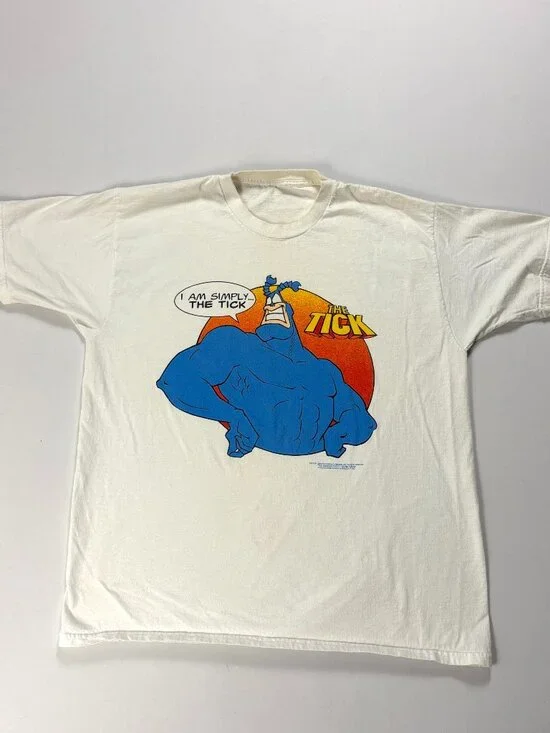 Vintage The Tick TV Cartoon Promo Fox Network T Shirt White Sz L Superhero 90s