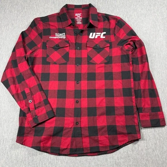 UFC Button Up Shirt Mens Medium Red Black Plaid Seattle Washington Event Flannel