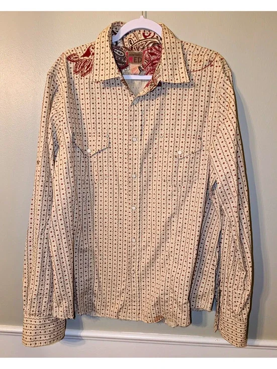 Vintage Red Mens XL Long Sleeve Woven Cotton Geometric Button Up Embroidered