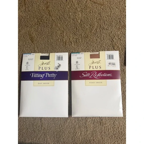 2 Hanes Plus Pantyhose Bundle Silk Reflections Nude 2+ & Fitting Pretty Black 3+