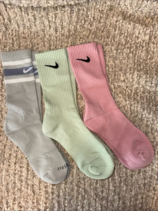 Lot of Nike Crew Socks — Pink, Mint Green & Blue Gray Trio
