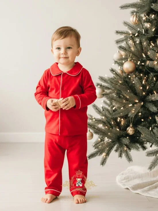 NWT Cute Boys Christmas Pajamas Set 2-Piece Long Sleeve Top & Pants Red 12M-24M