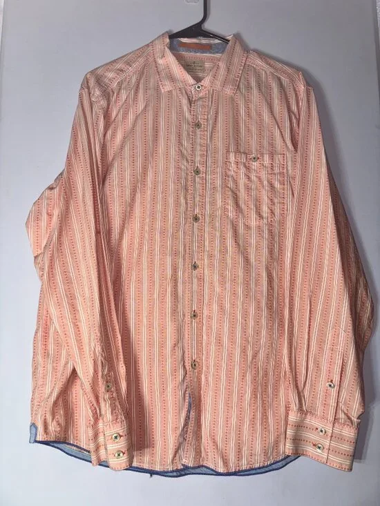 Tommy Bahama Men's Large Coral Pink Orange Striped Blend Button Down Shirt