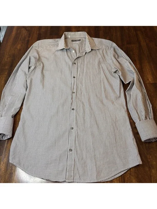 DOLCE & GABBANA GOLD MADE IN ITALY MEN'S WHITE/BLK STRIPED LONG SLV DRESS SHIRT