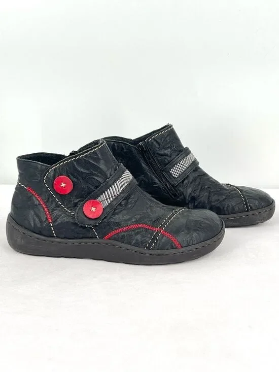 Rieker Simona 94 Black Leather Red Buttons Wool Lined Ankle Boots EU 39 US 8.5