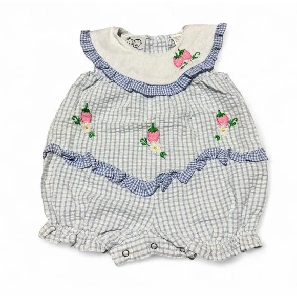 Vintage WeeFolks Baby Girl Romper 6/9M Strawberry Gingham Ruffle Bubble