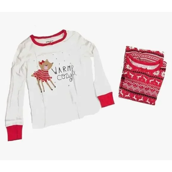 NWT WonderKids 3 Piece Tight Fit PJ Set Warm & Cozy Reindeer/Red Fair Isle 3T