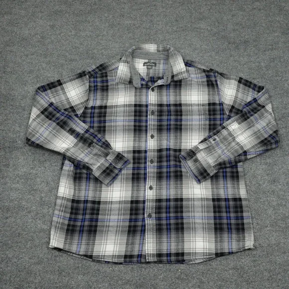 Eddie Bauer Shirt Mens XL Grey Plaid Flannel Long Sleeve Button Down Cotton