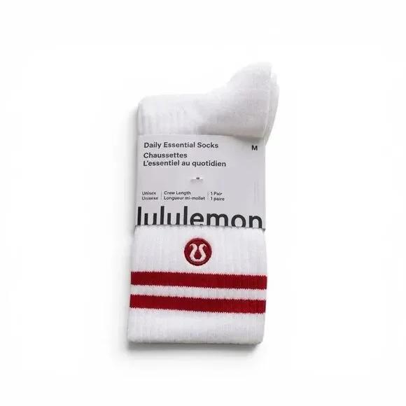 Lululemon White Red Stripe Daily Essential Crew Socks Unisex Medium NWT
