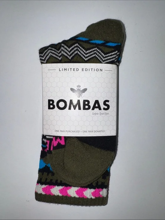 Bombas Olive Crew Socks with Black, Blue & Pink Accents