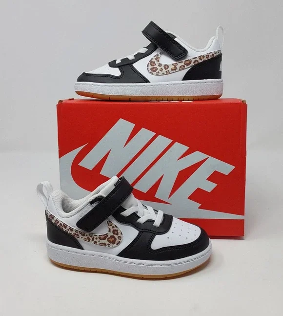 Nike Court Borough Low CH TD Kids 9C Leopard Swoosh Black White Gum IR0565-001