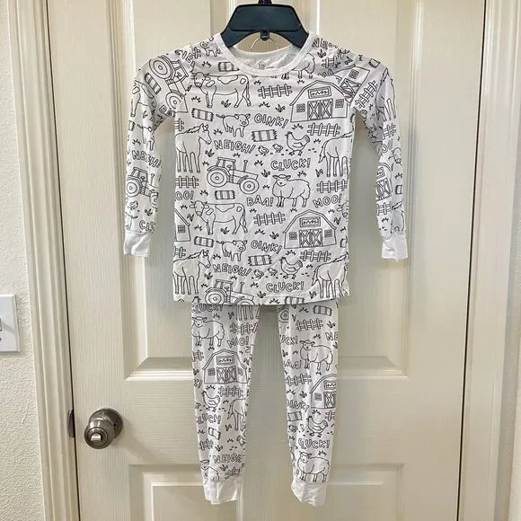 Caden Lane Color Me Pajamas Farm Animals 2-Pc Bamboo Set Kids Size 7/8