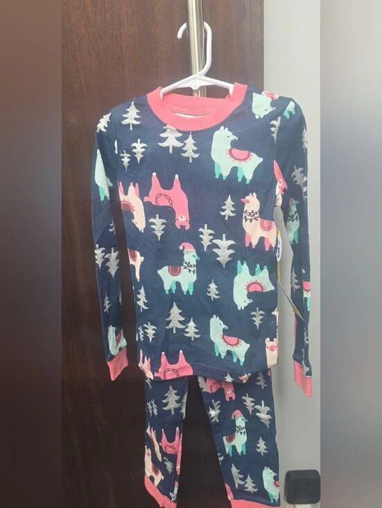 Tucker + Tate Navy Llama Print Holiday Pajama Set with Pink Trim Size 7 NWT