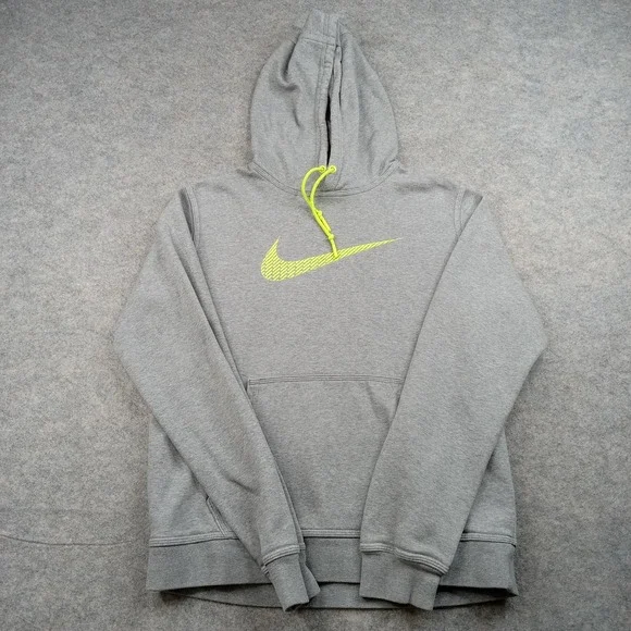 Nike Hoodie Mens Medium Gray Sweatshirt‎ Volt Swoosh Pullover Fleece Drawstring