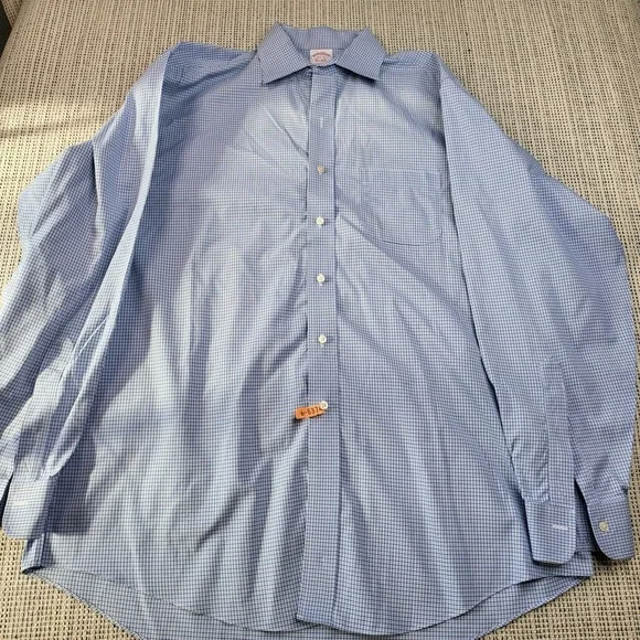 Brooks Brothers Madison Shirt Mens 16.5 34/35 Blue Gingham Non‎ Iron Stretch