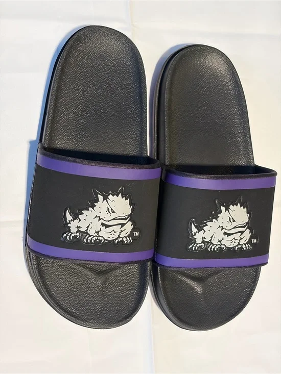 Nike Black Slide Sandals with Purple Trim and White Monster Graphic