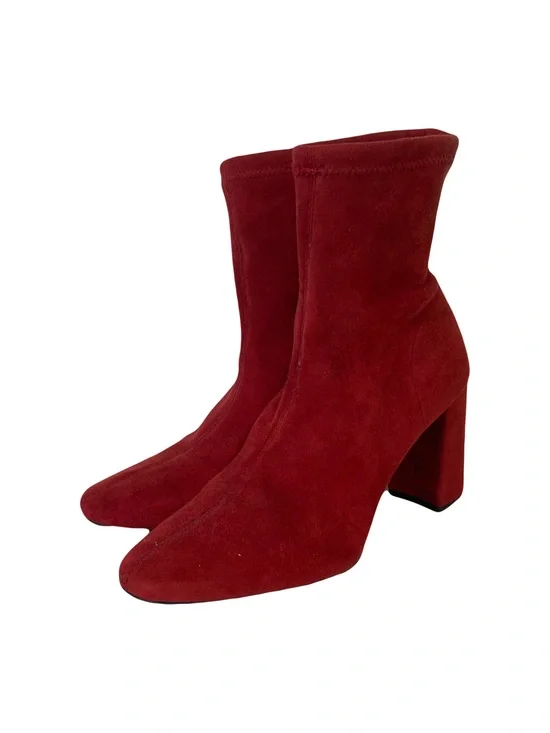 H&M Boots 39/US 9 Red Faux-Suede Ankle Stack Block-Heel