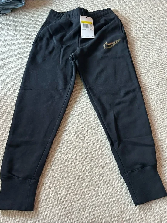 Nike Black Kids Jogger Sweatpants with Metallic Gold Swoosh
