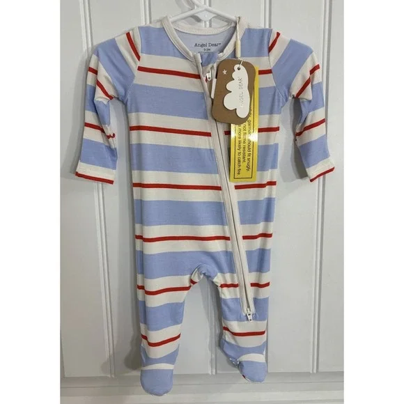 Angel Dear Baby Boy 0–3M Blue Red Stripe Zipper Footie Pajamas NWT Bamboo
