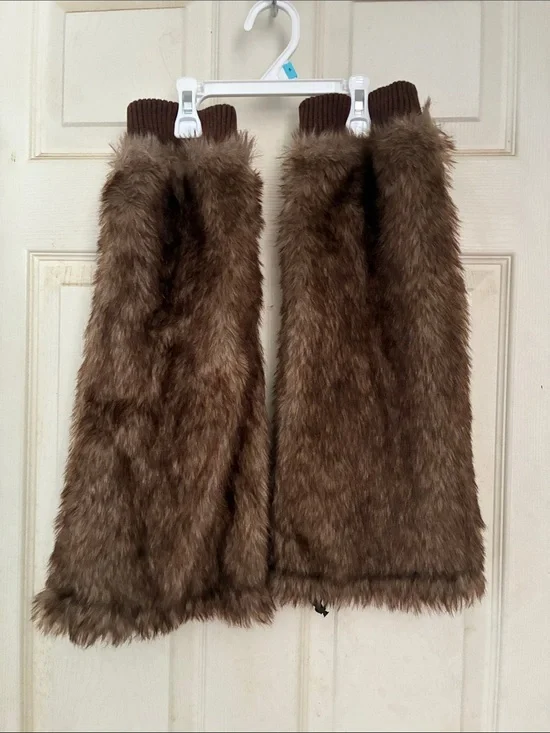 Brown Faux Fur Leg Warmers with Ribbed Cuffs