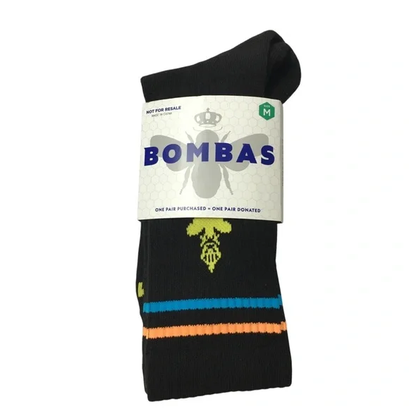 BOMBAS Crew Socks Unisex Size Medium Black Yellow Bee Better Stripe Blue Orange