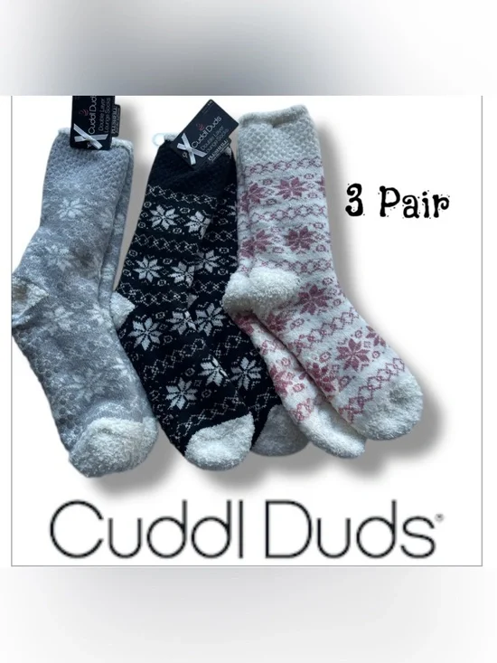 3 PAIR Lounge Crew Sock Snowflake Faux Shearling Lined Shoe Size 4-10